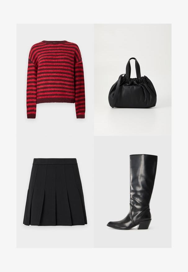 Rød og mørkerød stribet sweater, rund halsudskæring, lange ærmer, blød tekstur, ribbet kant, cropped design.; Sort plisseret nederdel lavet af et glat materiale. Har en bred linning og flere knivfolder, der går lodret.; Sorte læder knæhøje støvler med spids tå, vinklet hæl og glat tekstur. Funktioner en subtil syning langs siden.; Sort læderhåndtaske med en samlet topdesign, der har to korte håndtag og en lang justerbar rem. Glat overflade, rund form.