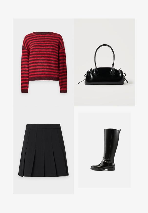 Suéter a rayas rojas y rojo oscuro, cuello redondo, mangas largas, textura suave, dobladillo acanalado, diseño corto.; Falda negra plisada hecha de un material liso. Cuenta con una cinturilla ancha y múltiples pliegues tipo cuchillo que se extienden verticalmente.; Botas negras hasta la rodilla hechas de cuero brillante, con un detalle de hebilla plateada en el tobillo y un diseño de punta redondeada. Suela plana.; Pequeño bolso negro brillante con dos asas largas y detalles de cordón lateral sobre un fondo claro liso.