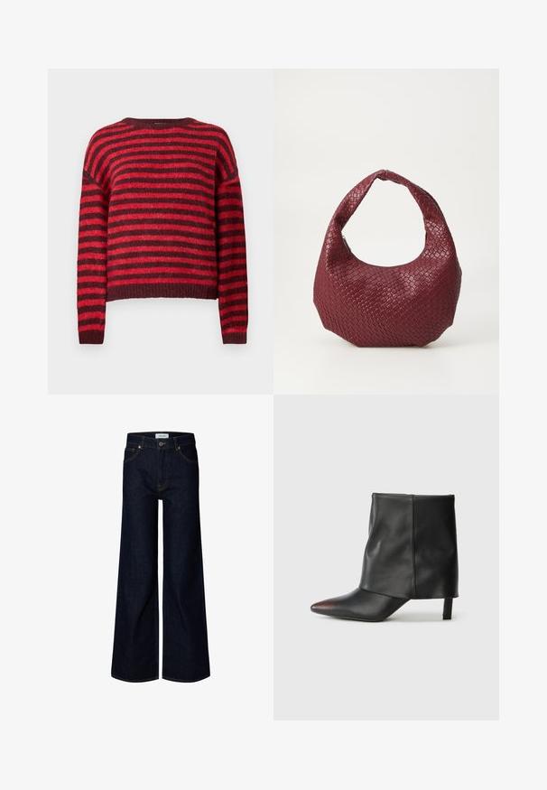 Pull à rayures rouge et rouge foncé, col rond, manches longues, texture douce, ourlet côtelé, design court.; Jean en denim bleu foncé à jambes larges avec bouton et fermeture éclair à l'avant, passants de ceinture et poches avant, présenté sur fond blanc.; Bottine noire en cuir lisse avec un bout pointu et un talon effilé. La tige présente un design légèrement froncé.; Sac à main tissé bordeaux avec une silhouette arrondie, une seule poignée et une finition texturée. Fermeture zippée en haut.