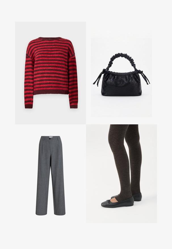 Rood en donkerrood gestreepte trui, ronde halslijn, lange mouwen, zachte textuur, geribbelde zoom, cropped ontwerp.; Grijze op maat gemaakte broek met hoge taille, voorplooien, riemlussen, knoopsluiting en rechte wijde pijpen.; Benen met donkere geribbelde leggings gecombineerd met zwarte ballerina's met kleine strikdetails op een witte achtergrond.; Zwarte handtas met krokodillenstructuur, geplooide bovenrand, samengevoerde handgreep en koordtassels aan elke kant tegen een witte achtergrond.