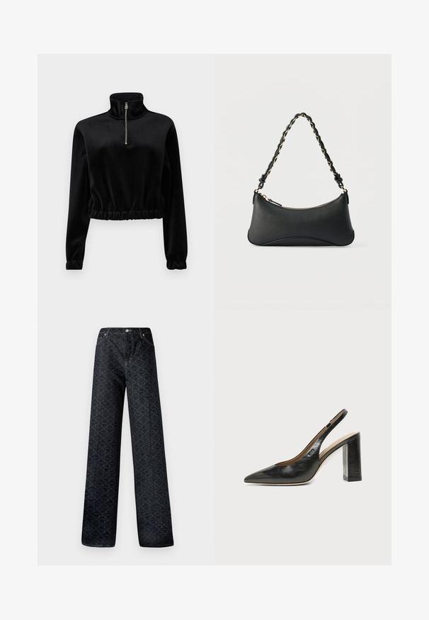 Schwarzer, gekürzter Fleece-Pullover mit hohem Kragen, Reißverschluss und gerafftem Bund. Lange Ärmel mit elastischen Bündchen. Weiche Textur.; Dunkelblaue, weite Jeans mit geometrischem Muster, aus Denim gefertigt. Mit Metallknopf, Reißverschluss und Kettelung der vorderen Taschen.; Schwarzer Leder-Slingback-Schuh mit spitzer Kappe, hohem Blockabsatz und beigegefüttertem Innenraum vor hellem, einfarbigem Hintergrund.; Schwarze Lederschultertasche mit gewölbter rechteckiger Form, goldener Kette, die in den geflochtenen schwarzen Riemen eingewebt ist, und Reißverschlussverschluss oben.