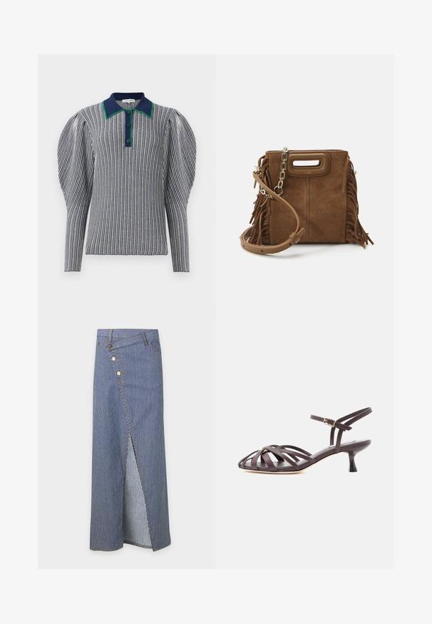 Stribet polo-shirt i marineblå og hvid med en krave i grønne accenter. Har pufærmer og knaplukning ved halsen. Tekstureret stof.; Baum und Pferdgarten SIGGE - Denimnederdele - blue denim; Mørkebrun læder sandal med smalle remme, kitten heel og justerbar ankelrem med spænde på hvid baggrund.; Maje MINI - Skuldertasker - camel