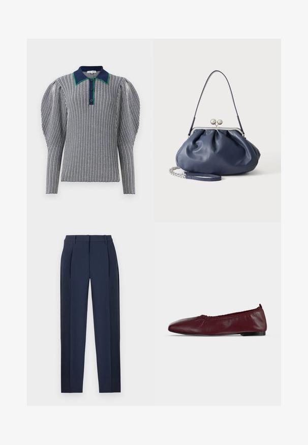 Polo rayé bleu marine et blanc avec un col accentué de vert. Doté de manches bouffantes et d'une fermeture à bouton au cou. Tissu texturé.; Pantalons sur mesure bleu marine avec plis sur le devant, passants pour ceinture et jambes droites, présentés sur un fond blanc.; Ballerine plate en cuir bordeaux avec bord supérieur élastique froncé et fine semelle noire sur fond blanc.; Sac à main en cuir bleu marine doux avec fermeture à boucle argentée, une seule bandoulière, et une chaîne de poignet amovible sur fond blanc.