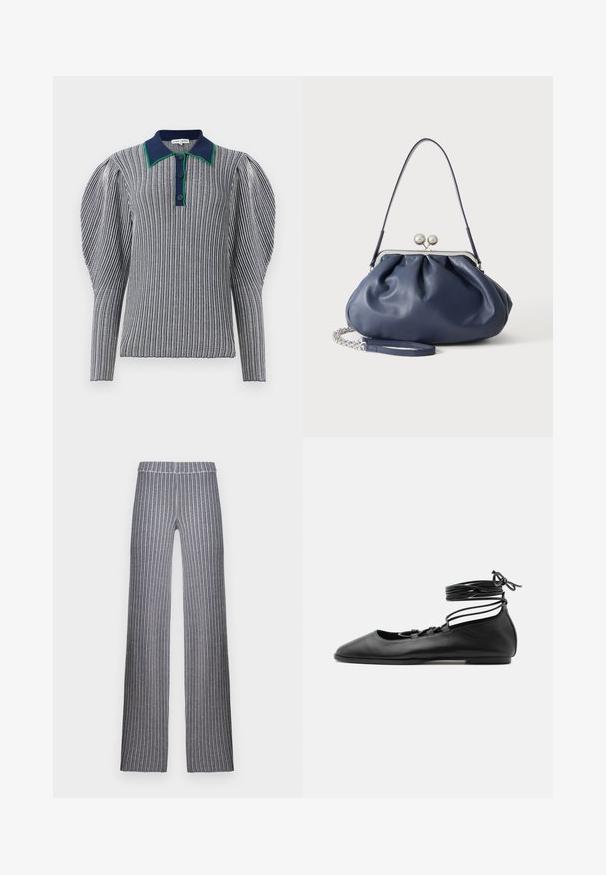Polo rayé bleu marine et blanc avec un col accentué de vert. Doté de manches bouffantes et d'une fermeture à bouton au cou. Tissu texturé.; Pantalons à jambes larges avec un motif à rayures sombres comportant des lignes verticales en gris, bleu marine et blanc. Taille élastique et texture douce.; Chaussure de ballet plate en cuir noir avec un bout pointu, plusieurs fines brides sur le dessus et des lacets enroulés autour de la cheville.; Sac à main en cuir bleu marine doux avec fermeture à boucle argentée, une seule bandoulière, et une chaîne de poignet amovible sur fond blanc.