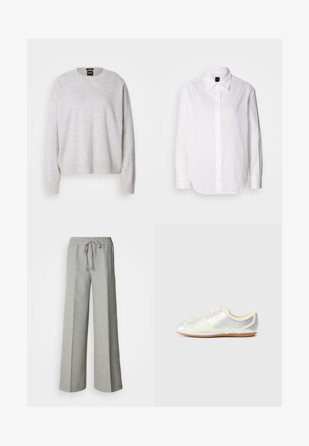 BOSS FASCONA - Striktrøje - light pastel grey; Hvid langærmet skjorte med knaplukning lavet af let materiale. Har en klassisk krave, knaplukning foran og manchetter.; Lysegrå bukser med brede ben, elastisk taljebånd med snøre, forlommer og et subtilt tekstureret stof.; Sølvfarvede syntetiske sneakers med cremefarvede detaljer, lav profil, rundet snude og flad gummisål; har klassiske syninger og snørelukning.