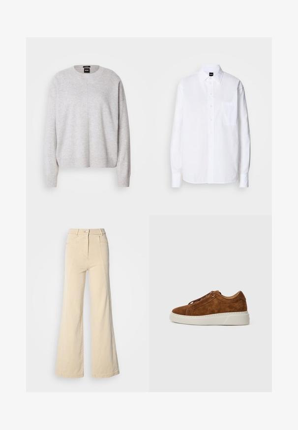 BOSS FASCONA - Svetrík - light pastel grey; Biela košeľa na gombíky z bavlny s klasickým golierom, dlhými rukávmi, vreckom na hrudi a hladkou, sviežou textúrou.; Béžové široké džínsy s vysokým pásom, prednými vreckami a kontrastným šitím, so zapínaním na gombík a hladkou bavlnenou textúrou.; Hnedá semišová teniska s textúrovaným povrchom, zaoblenou špičkou a bielou gumovou podrážkou; má kožené šnúrkové detaily a minimálne šitie.
