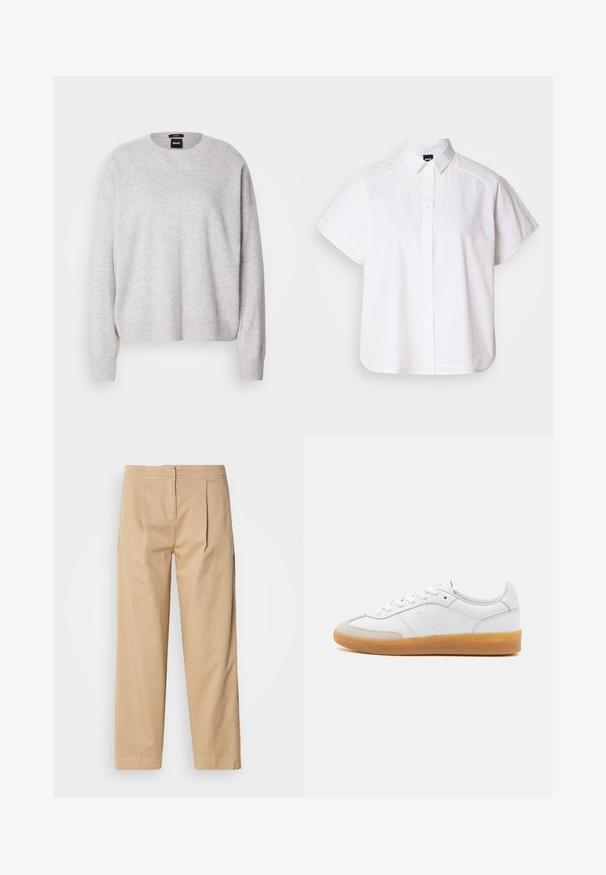 BOSS FASCONA - Svetrík - light pastel grey; Biela krátka košeľa s krátkym rukávom a výstrihom do špica, s oblým lemom. Vyrobená z bavlny s hladkou textúrou a bez viditeľných vzorov.; Béžové bavlnené nohavice s voľným strihom, so zvýraznenými dvoma prednými záhybmi, rovnou nohavicou a klasickým gombíkovým zapínaním v páse.; Biele kožené tenisky s béžovými semišovými detailmi, gumenou podrážkou a šiškami na viazanie. Obsahujú jemné značkovanie v zlatej farbe.