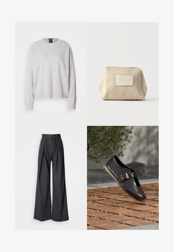 BOSS FASCONA - Trui - light pastel grey; Zwarte denim broeken met wijde pijpen en een hoge taille, voorzien van voorplooien en een klassieke ritssluiting. Strakke, gladde textuur met een nette afwerking.; Donkerbruine leren loafer met gouden gesp zwevend boven een patroon van houten en stenen vloer met een onscherpe groene struik op de achtergrond.; Beige geribd stoffen zakje met rits aan de bovenkant en rechthoekige patch met reliëftekst aan de voorkant, afgebeeld tegen een effen witte achtergrond.