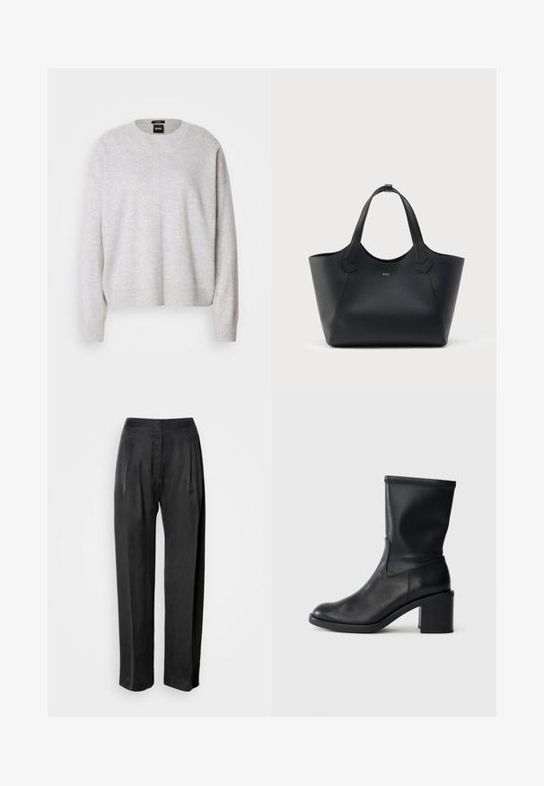 BOSS FASCONA - Pullover - light pastel grey; Pantalon noir à jambes larges en tissu lisse, avec plis sur le devant, braguette zippée et ceinture classique.; Botte en cuir noir à cheville avec un bout rond, texture lisse et un talon épais, présentant un tige ajustée et un subtil détail de couture.; Sac fourre-tout en cuir noir texturé avec deux poignées et un petit logo "BOSS" doré centré sur le devant.