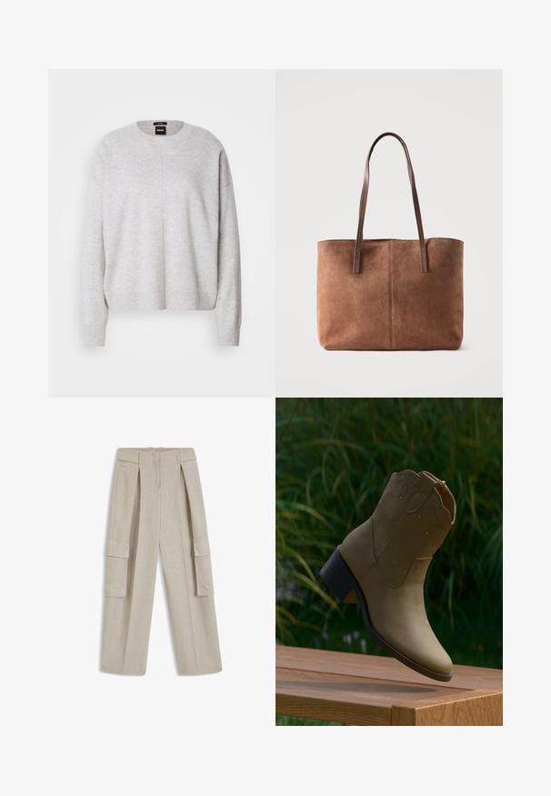 BOSS FASCONA - Trui - light pastel grey; Beige wijde broek met plooien aan de voorkant, hoge taille en grote zijzakken van een gestructureerde stof.; Beige suède enkellaars met decoratieve stiksels en een lage blokhak, rustend op de rand van een houten oppervlak buiten.; Bruine suède schoudertas met twee lange leren schouderbanden, eenvoudig ontwerp en zichtbare centrale stiksels op een lichte achtergrond.