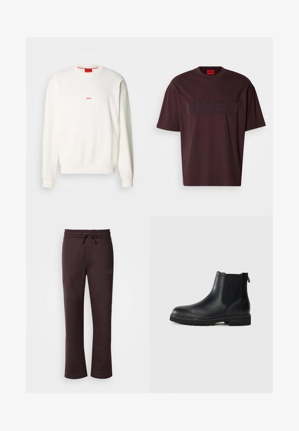 Sweat-shirt blanc en tissu doux, avec un col rond, des manches longues et un petit logo rouge "HUGO" sur la poitrine.; T-shirt oversize bordeaux avec col rond et manches courtes, arborant un logo "HUGO" foncé mat sur le devant.; Pantalon de survêtement marron foncé avec une taille élastique, un cordon de serrage, des poches latérales et le logo "HUGO" imprimé sur la jambe gauche. Texture douce.; Bottine noire en cuir avec des panneaux latéraux en élastique, bout rond et semelle en caoutchouc robuste avec de profonds crampons pour une meilleure adhérence.