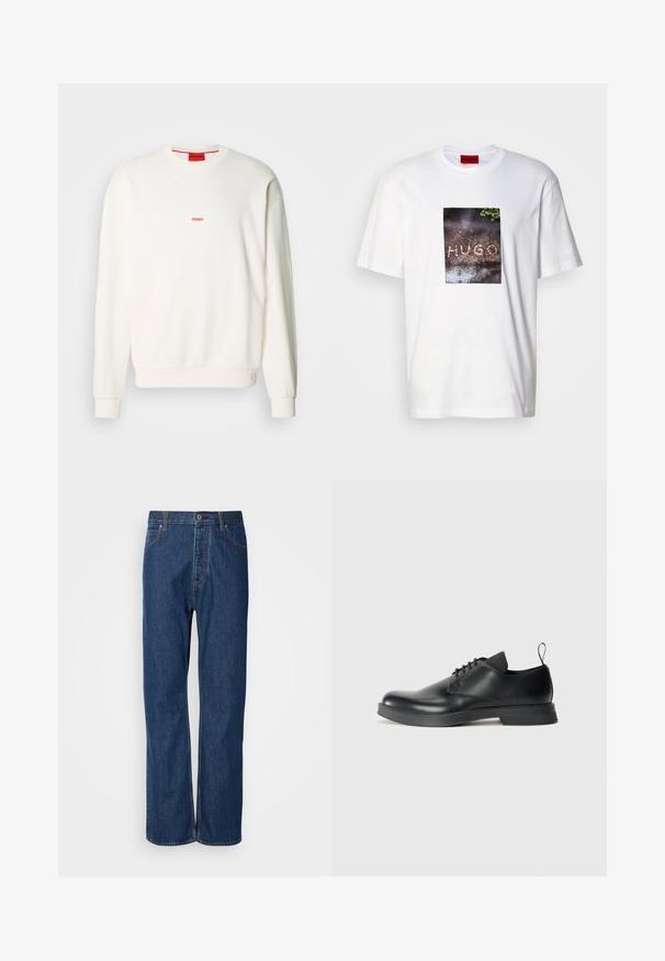 Hvid sweatshirt lavet af blødt stof, med rund hals, lange ærmer og et lille rødt "HUGO"-logo på brystet.; Hvid bomuld T-shirt med et rektangulært grafisk tryk med teksten "HUGO" på en tekstureret, mørk overflade omgivet af grønt.; Blå denim jeans med lige ben, der har en knaplukning, fem lommer og kontraststikninger langs sømmene.; Sorte læder snøresko med en glat overflade, rund tå og minimalistisk design. Har en subtil kontrasterende hæftning og gummisål.