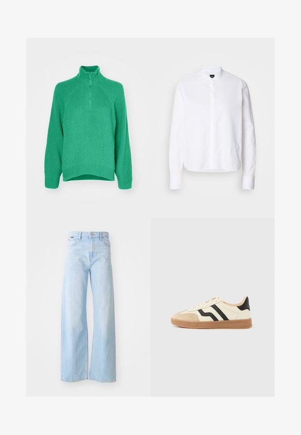 Pull en tricot vert avec un col montant, une fermeture éclair quart de longueur et des motifs texturés avec des poignets côtelés. Coupe ample avec un ourlet légèrement courbé.; Chemise blanche à col avec patte de boutonnage à l'avant, manches longues et poignets à boutons. Fabriquée en coton lisse avec une coupe structurée.; Jeans à jambes larges bleu clair en denim, à taille haute, avec poches avant, fermeture à bouton et détails de couture au bas.; Baskets à lacets avec une tige crème ornée de rayures noires et un bout en daim, complétées par une semelle en caoutchouc marron.