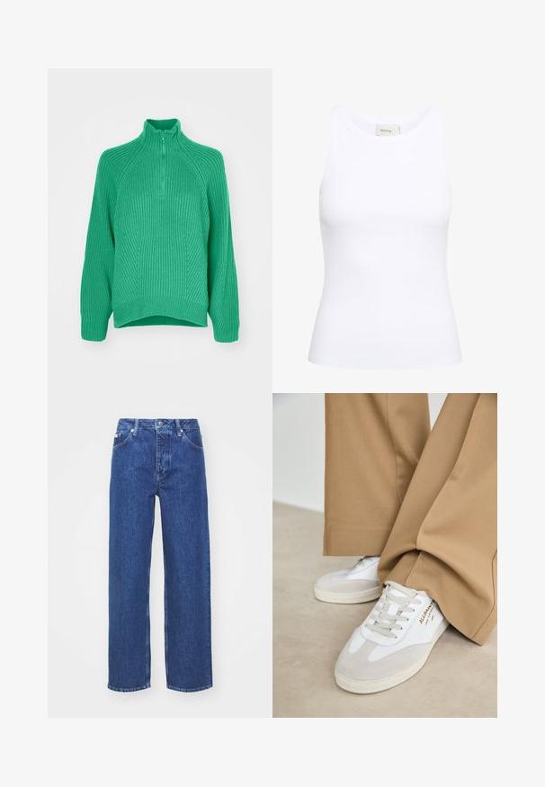 Pull en tricot vert avec un col montant, une fermeture éclair quart de longueur et des motifs texturés avec des poignets côtelés. Coupe ample avec un ourlet légèrement courbé.; Débardeur blanc côtelé avec un col rond et sans manches. Tissu extensible et design ajusté. Étiquette au dos indiquant "GESTUZ."; Jeans en denim bleu à jambe large avec taille haute, dotés d'un zip et d'une fermeture à bouton, de passants de ceinture et de détails légèrement décolorés sur le tissu.; Baskets blanches avec des accents en daim, des lacets texturés et une semelle en caoutchouc. Associées à un pantalon beige ample. Logo affiché sur le côté.