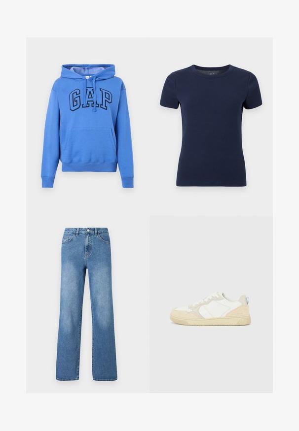 Sweat à capuche bleu avec poche avant en forme de poche kangourou et logo "GAP" en grandes lettres épaisses sur la poitrine; T-shirt à manches courtes en maille côtelée bleu marine avec encolure ronde et silhouette ajustée sur fond blanc.; Jeans en denim bleu clair avec une taille haute, un design à jambes larges, cinq poches et des détails de couture visibles. Texture lisse avec un léger délavage.; Baskets blanches et beiges avec dessus en suède et textile, présentant des coutures contrastées, une semelle en caoutchouc et un accent bleu clair sur le talon.