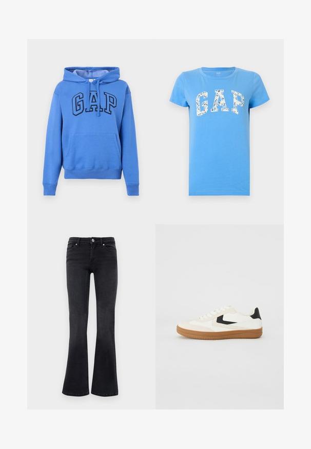 Sweat à capuche bleu avec poche avant en forme de poche kangourou et logo "GAP" en grandes lettres épaisses sur la poitrine; T-shirt bleu à manches courtes avec des lettres "GAP" à motif floral centrées sur la poitrine et un col rond.; Jean bootcut en denim noir avec bouton avant, fermeture éclair, passants de ceinture et design à cinq poches.; Baskets blanches et crème avec des accents noirs, semelle en caoutchouc, texture lisse, bout rond et design simple à lacets.