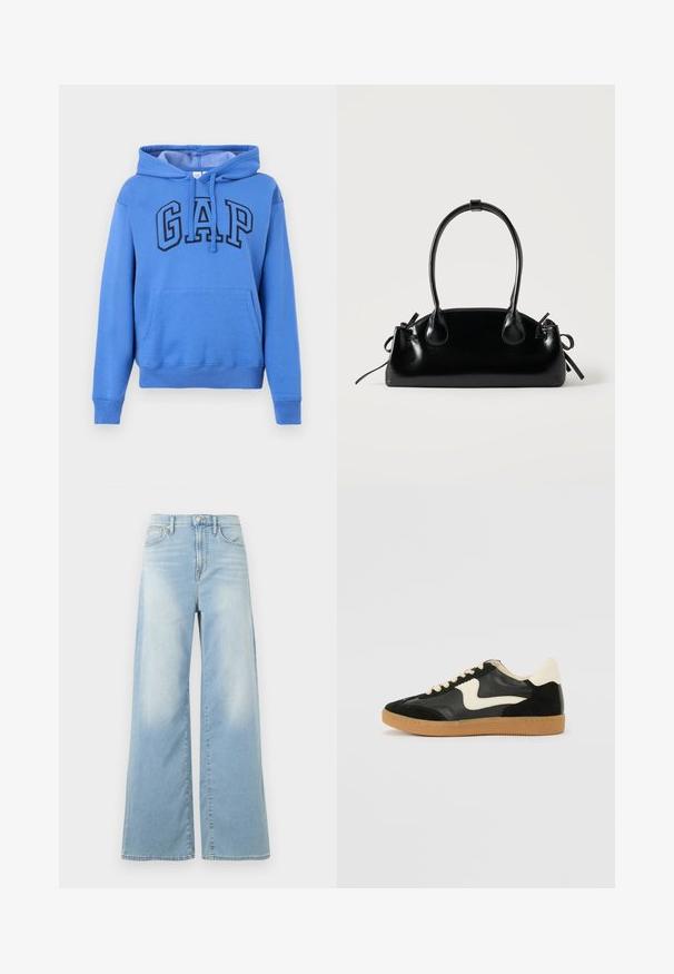 Sweat à capuche bleu avec poche avant en forme de poche kangourou et logo "GAP" en grandes lettres épaisses sur la poitrine; Jean large bleu clair à taille haute, avec boutons à l'avant et poches, présenté sur un fond blanc.; Baskets en daim et cuir noir avec un swoosh latéral crème et un talon crème clair. Dotées de lacets beige et d'une semelle en caoutchouc gomme.; Petit sac à main noir brillant avec deux longues anses et des détails à cordon sur les côtés sur un fond clair uni.