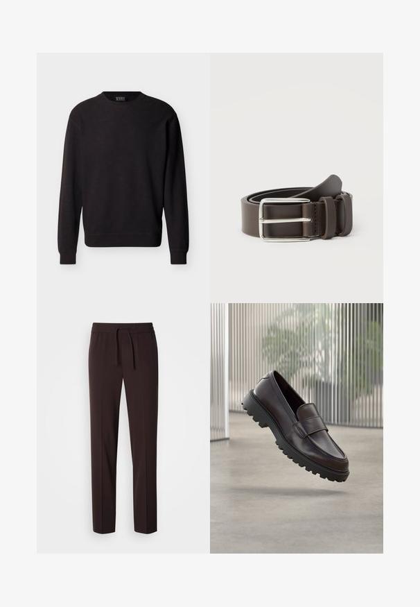 Sweat-shirt noir à manches longues avec col ras du cou, poignets et ourlet côtelés, présentant un tissu subtilement texturé et un petit détail en V cousu sous le col.; Pantalon brun, léger, fuselé, avec une taille élastique et un cordon de serrage. Texture lisse et design minimaliste, adapté à une tenue décontractée.; Chaussure à enfiler en cuir marron avec un bout rond et une semelle en caoutchouc noire robuste. Présente une bride décorative traversant le coup de pied.; Ceinture en cuir marron avec une boucle en métal argenté, présentant une texture lisse et un design simple. Comprend une boucle pour l'ajustement et la fixation.