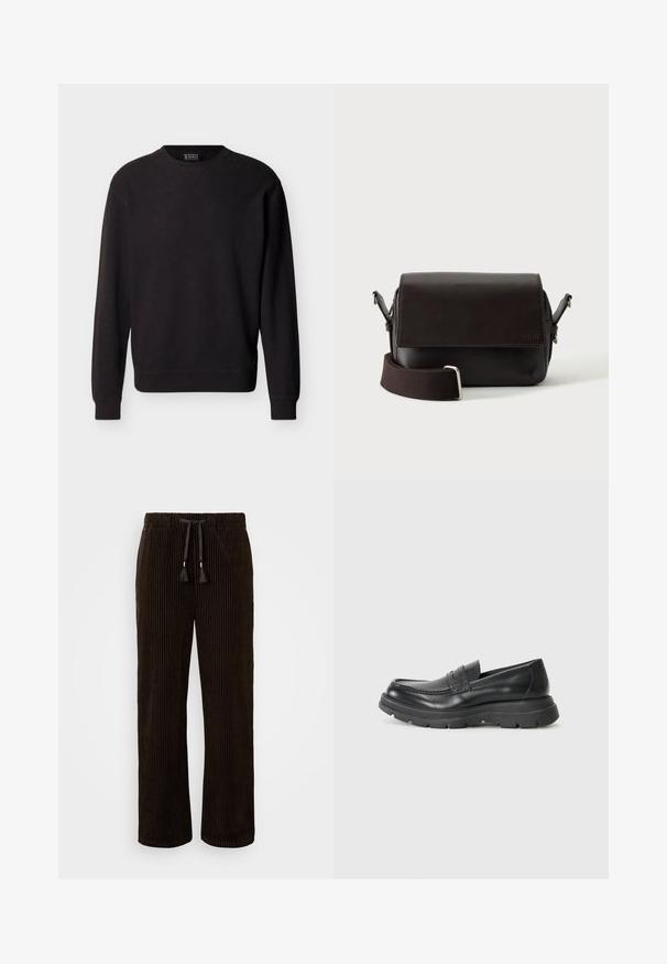 Sweat-shirt noir à manches longues avec col ras du cou, poignets et ourlet côtelés, présentant un tissu subtilement texturé et un petit détail en V cousu sous le col.; Pantalon en velours côtelé marron foncé avec une texture douce, doté d'une taille à cordon avec des pompons et d'une coupe droite. Motif côtelé vertical.; Chaussure noire en cuir à enfiler avec un design mocassin, embout arrondi, semelle en caoutchouc épaisse et subtil détail de couture sur la partie supérieure.; Sac bandoulière en cuir marron foncé avec fermeture à rabat et sangle en tissu réglable sur fond blanc.