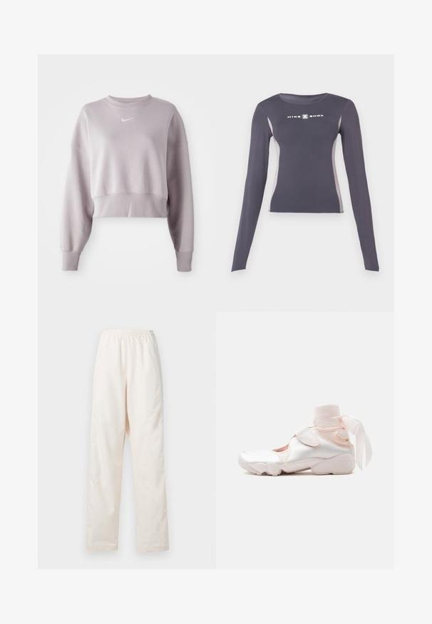 Cropet sweatshirt i lys lavendel, lavet af blødt stof. Har ribbet halsudskæring, sænkede skuldre og lille hvidt logo på brystet.; Mørkegrå langærmet tætsiddende atletiktrøje med lysegrå sidepaneler og hvidt "Nike Shox" logo på brystet.; Løse, cremefarvede bukser med elastisk talje og lige ben, vist mod en ensfarvet hvid baggrund.; Hvid og lyserød sneaker med blødt stofankelomslag bundet i en sløjfe, med justerbar rem og rundet sål.