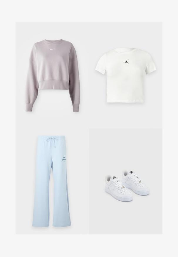 Cropet sweatshirt i lys lavendel, lavet af blødt stof. Har ribbet halsudskæring, sænkede skuldre og lille hvidt logo på brystet.; Hvid bomulds cropped t-shirt med et sort Jumpman-logo i midten. Korte ærmer og en rund halsudskæring med en glat overflade.; Lyseblå joggingbukser med afslappet pasform, snøre i taljen og "nike athletics"-logo i en mørkere blå på forsiden af benet. Blød stoftekstur.; Hvide Nike Air Force 1 sneakers med en glat læderoverdel, perforeret tåboks, hvide snørebånd og sort branding på tungen.