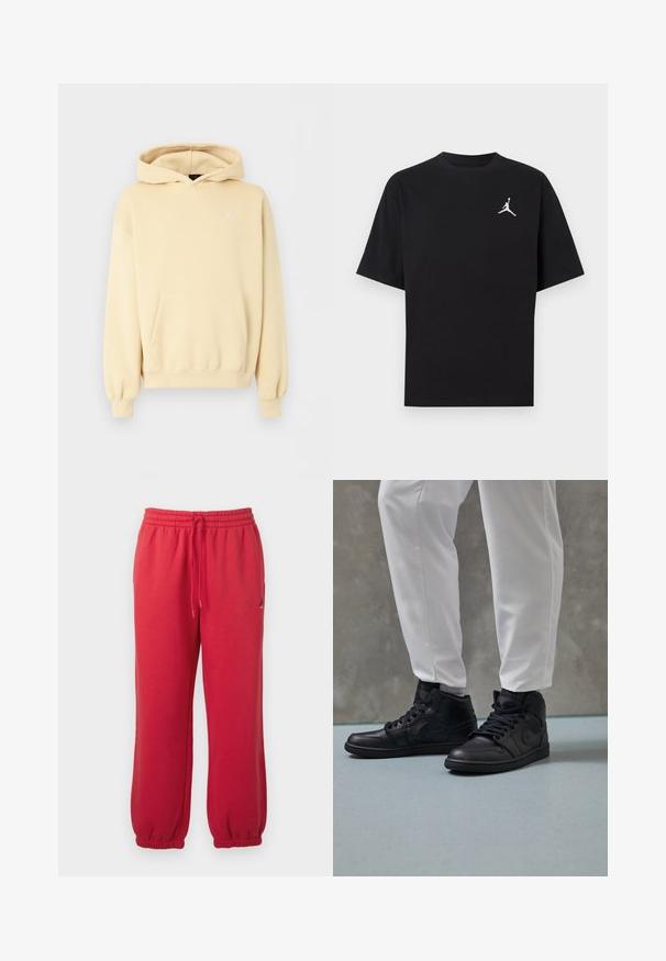 Sweat à capuche beige avec poche kangourou à l'avant et petit logo Jordan blanc sur la poitrine gauche, présenté sur fond uni.; T-shirt en coton noir à manches courtes, avec un logo Jumpman blanc sur la poitrine gauche. Col rond, coupe régulière et texture lisse.; Pantalon de survêtement rouge avec taille élastique, cordon et poignets élastiques, avec un petit logo Jumpman noir sur la cuisse droite.; Des baskets montantes noires en cuir lisse, à bout rond et à lacets ; associées à un pantalon blanc fuselé, présentées sur un sol texturé.