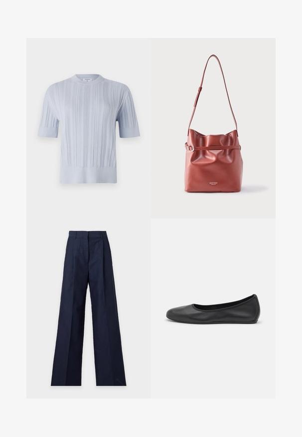 T-shirt tricot à manches courtes de couleur bleu clair, présentant une texture en côtes verticales et un col rond. Le tissu révèle des détails subtils avec une finition ajustée.; Pantalon large bleu marine avec taille haute, pli devant et passants de ceinture, présenté sur un fond uni clair.; Ballerines en cuir noir avec un bout rond, texture lisse, détails de couture minimalistes et design de semelle flexible.; Sac à bandoulière en cuir marron avec sangle réglable, haut froncé et détail de ceinture fine au milieu, embossé du logo de la marque.