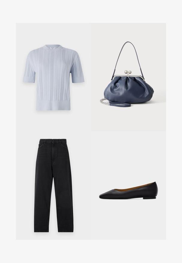 Lyseblå kortærmet striktrøje med vertikal ribbet struktur og rund halsudskæring. Stoffet har subtile detaljer med en tætsiddende kant.; Sorte denimjeans med høj talje, lige ben-design, knaplukning og klassisk fem-lomme stil. Glat tekstur med diskret syning.; Sort læder flad sko med spids tå, lav hæl og glat finish, vist fra siden på en lysegrå baggrund.; Blød navyblå læderhåndtaske med sølv lukning, enkelt skulderrem og aftagelig kæde til håndleddet på hvid baggrund.