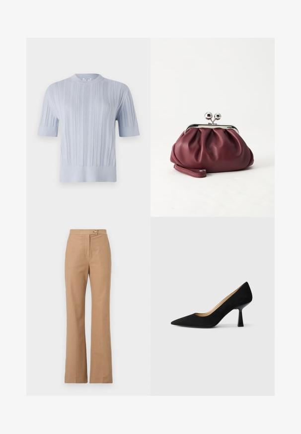 T-shirt tricot à manches courtes de couleur bleu clair, présentant une texture en côtes verticales et un col rond. Le tissu révèle des détails subtils avec une finition ajustée.; Pantalons beiges ajustés avec une silhouette évasée, fabriqués dans un tissu lisse, comportant une fermeture à bouton sur le devant et deux poches latérales.; Pompe à talons hauts en suède noir avec un bout pointu, dotée d'un talon bloc noir brillant et d'une doublure intérieure lisse.; Petit sac pochette en cuir bordeaux avec fermoir métallique argenté et bracelet sur fond blanc.