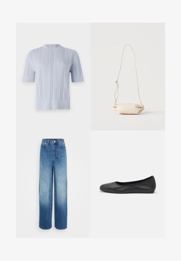 Lyseblå kortærmet striktrøje med vertikal ribbet struktur og rund halsudskæring. Stoffet har subtile detaljer med en tætsiddende kant.; Højtaljede bredbenede blå jeans med falmede detaljer, frontlukning med knap og lynlås samt fem-lomme design.; Sort læderballetsko med rund tå, glat tekstur, minimal syning og et fleksibelt såldesign.; Lille beige læder crossbody taske med justerbar rem, vist mod en ensfarvet lys baggrund.