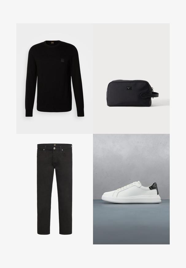 Pull en maille noir à manches longues, col rond, avec un petit patch en relief sur la poitrine. Texture lisse sur l'ensemble.; Jean noir à jambe droite avec fermeture à boutons et à zip, poches avant et arrière, et passants de ceinture, de la marque Lee.; Baskets blanches avec une tige en cuir lisse et un accent de talon noir contrastant. Caractéristiques des lacets plats et une semelle en caoutchouc texturé.; Trousse de toilette rectangulaire noire avec fermeture éclair et poignée latérale, présentant un petit logo embossé au centre devant.