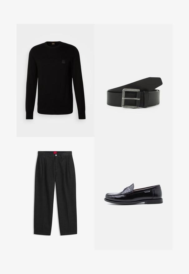 Pull en maille noir à manches longues, col rond, avec un petit patch en relief sur la poitrine. Texture lisse sur l'ensemble.; Pantalon noir taille haute avec plis sur le devant, passants de ceinture, fermeture par bouton et zip, et une étiquette rouge à l’intérieur de la ceinture.; Mocassins en cuir noir avec une finition brillante, présentant un motif cousu sur l'avant-pied et une semelle en caoutchouc noire texturée et basse.; Ceinture en cuir noir avec une boucle en métal argenté rectangulaire. Elle présente une texture lisse et un design simple, avec une extrémité pointue.