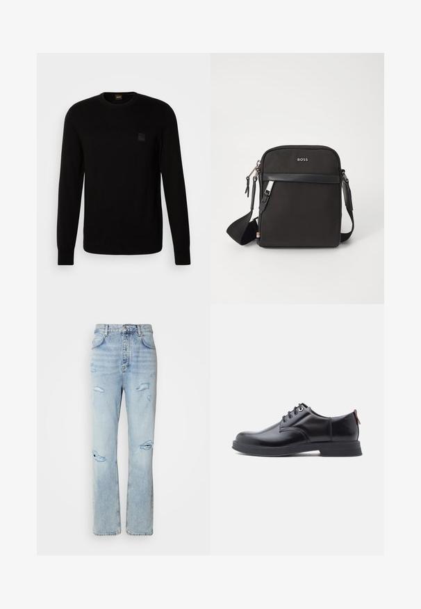 Zwarte gebreide trui met lange mouwen, ronde hals en een klein gewafeld logo-opdruk op de borst. Voelt glad aan aan de hele trui.; Licht gewassen denim jeans met een ontspannen pasvorm, voorzien van versleten plekken en rafelige randen. De stof heeft een zachte, gladde textuur.; Zwarte leren veter schoenen met een gladde textuur, ronde neus en subtiel stiksel detail. Voorzien van een rode trekband op de hiel.; Zwarte schoudertas van textuurstof, met logo aan de voorkant, ritssluiting en verstelbare schouderband. Voorzien van een gladde leren rand.