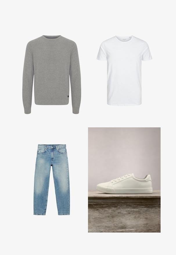 Pull en tricot gris clair avec un col rond et des manches longues. Présente un motif texturé et une petite étiquette logo en bas à gauche.; T-shirt à col rond à manches courtes de couleur blanche unie, fabriqué en coton doux, avec un design simple sans motifs ni accents visibles.; Jean droit en denim bleu avec poches avant et passants de ceinture, présentant des détails légèrement décolorés sur les cuisses et les genoux.; Sneaker en dentelle blanche flottant au-dessus d'un banc en bois avec un feuillage vert en arrière-plan, mettant en valeur le design et la texture de la chaussure.