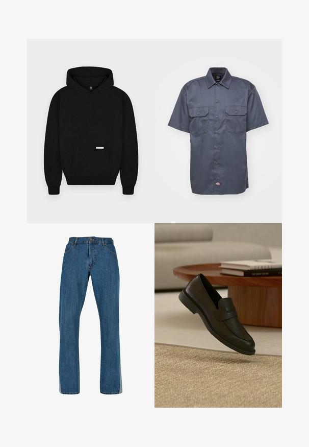 Sweat à capuche noir avec poche kangourou devant et petite étiquette rectangulaire sur la poche, présenté sur un fond clair uni.; Chemise à manches courtes de couleur bleu marine foncé, en tissu lisse, avec un devant à boutons, deux poches poitrine et un petit logo sur l'ourlet inférieur.; Jean en denim bleu avec une coupe droite, présentant un design classique à cinq poches, une fermeture à bouton et à glissière à l'avant, et des coutures visibles.; Chaussure mocassin en cuir noir présentée en suspension au-dessus d'un tapis beige tissé, avec une table en bois et des livres empilés dans un salon doucement éclairé.