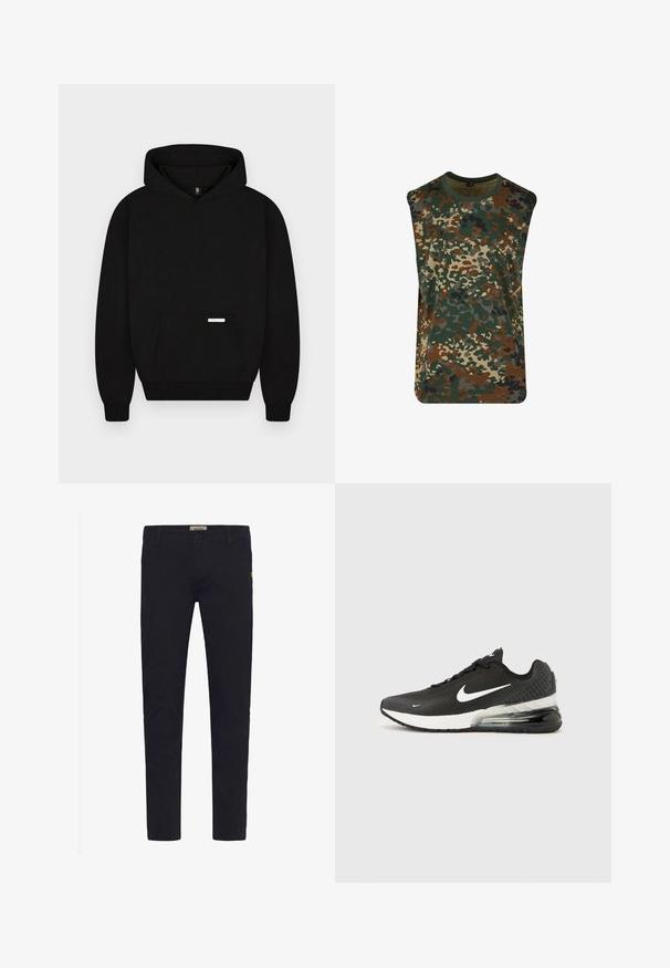 Sweat à capuche noir avec poche kangourou devant et petite étiquette rectangulaire sur la poche, présenté sur un fond clair uni.; Débardeur camouflage sans manches en tissu doux, présentant un mélange de motifs verts, marron et beige ; encolure ronde, coupe décontractée.; Pantalons noirs slim fit en coton extensible, avec des poches frontales, une fermeture à bouton et un petit accent de marque sur la taille.; Baskets Nike Air Max 270 noires avec logo swoosh blanc, semelle intermédiaire blanche et coussin d'air visible au talon sur fond uni.