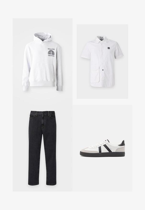 Grå hættetrøje med en forreste kængurulomme. Har sort broderet tekst og logo "Ellesse 1959 Club di Corsa" på brystet.; Hvid kortærmet skjorte lavet af bomuld, med button-down krave, frontlomme og et lille sort logo-patch.; Sorte lige ben jeans med frontlommer, bæltestropper og knaplukning, præsenteret mod en hvid baggrund.; Hvide sneakers med sorte og grå detaljer, med en tekstureret grå tåhætte, sort gummisål og flade hvide snørebånd. Rent design, minimalistisk stil.