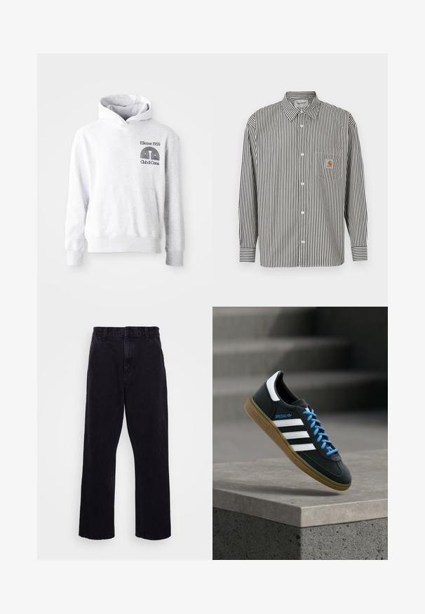 Hall halliga kapuutsiga dressipluus ees taskuga. Rinnal musta tikitud teksti ja logoga "Ellesse 1959 Club di Corsa".; Mustvalge vertikaalsete triipudega pika varrukaga särk, millel on nööbiga krae. Omab rinna taskut, millel on beež logo patch.; Mustad denimitüüpi püksid otse lõikega, varustatud nööbi ja tõmbluku kinnitusega, vöörihmadega ning minimaalsete õmbluse detailidega.; Must Adidas toss valgete triibu, siniste paelte ja kummist tallaga, hõljuv pehme valgusega halli betoonastme kohal.
