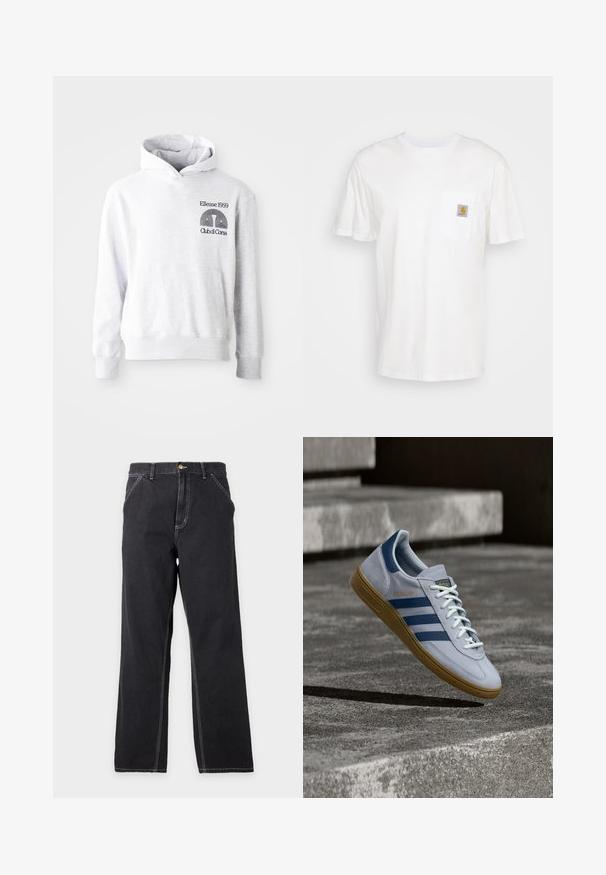 Hall halliga kapuutsiga dressipluus ees taskuga. Rinnal musta tikitud teksti ja logoga "Ellesse 1959 Club di Corsa".; Valge puuvillane t-särk lühikeste varrukatega, rindade taskuga ja taskul väike ruudukujuline logo kleebis oranžis ja valges.; Mustad sirgete säärega teksapüksid esitaskute, vööaasade ja nähtavate valgete õmblustega lihtsal helehallil taustal.; Helehall Adidas Spezial toss tumedasiniste triipude ja kummipõhjaga, kujutatud õhus betooniastmete kohal neutraalses välistingimustes.