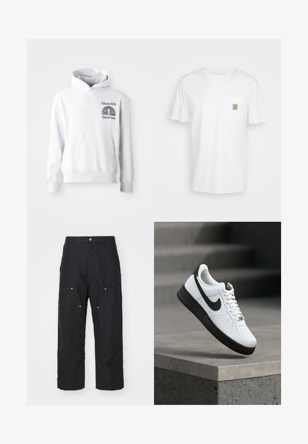 Sudadera con capucha gris con un bolsillo frontal tipo canguro. Cuenta con texto y logo bordados en negro que dicen "Ellesse 1959 Club di Corsa" en el pecho.; Camiseta de algodón blanca con mangas cortas, un bolsillo en el pecho y un pequeño parche cuadrado de logo en naranja y blanco en el bolsillo.; Pantalones negros de una tela texturizada, con una cintura alta, corte holgado y bolsillos frontales con herrajes de botón a presión en tono plateado.; Zapatilla deportiva de cuero blanco con detalles en negro, punta redondeada y detalles perforados. Suela de goma negra con patrón texturizado y cierre de cordones.