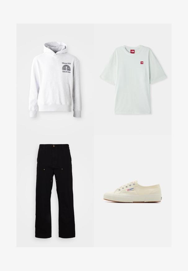 Grå hættetrøje med en forreste kængurulomme. Har sort broderet tekst og logo "Ellesse 1959 Club di Corsa" på brystet.; Lysegrøn kortærmet t-shirt lavet af blød bomuld, med et lille rødt logo på venstre brystområde. Løs pasform og rund halsudskæring.; Sorte denimbukser med lige ben, udstyret med guld hardware-detaljer og synlige syninger på for- og baglommer.; Beige lærredssneaker med et lavprofildesign, metaløjet og gummisål. Har et tekstureret mønster og logodetalje på siden.