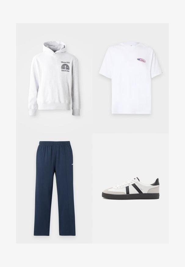Sudadera con capucha gris con un bolsillo frontal tipo canguro. Cuenta con texto y logo bordados en negro que dicen "Ellesse 1959 Club di Corsa" en el pecho.; Camiseta blanca de manga corta con un pequeño logo ovalado en rosa y azul en el lado izquierdo del pecho, sobre un fondo claro y uniforme.; Pantalones deportivos azul marino de corte recto con cintura elástica y costuras verticales sutiles, pequeño logo blanco en el muslo superior.; Zapatilla blanca con acentos en negro y gris, que presenta una puntera texturizada en gris, suela de goma negra y cordones planos blancos. Diseño limpio, estilo minimalista.