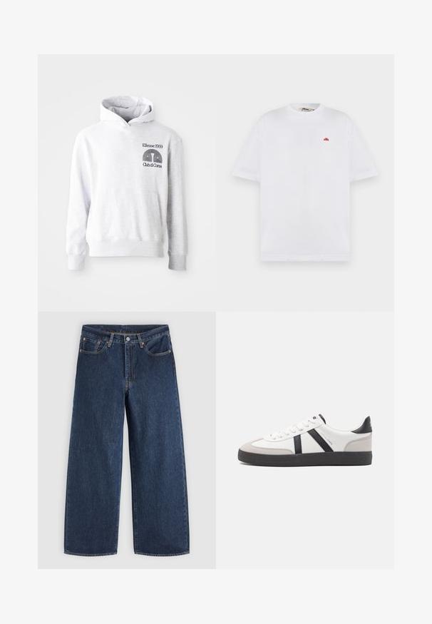 Grauer Kapuzenpullover mit einer Kangaroo-Tasche auf der Vorderseite. Auf der Brust befindet sich schwarzer, bestickter Text und das Logo "Ellesse 1959 Club di Corsa".; Weißes kurzärmeliges T-Shirt mit Rundhalsausschnitt und kleinem rotem Logo auf der linken Brustseite.; Dunkelblaue Jeans mit weitem Bein, Vordertaschen, Knopfverschluss und Gürtelschlaufen, flach auf einem hellen Hintergrund ausgelegt.; Weiße Sneaker mit schwarz- und grau-aczenten, ausgestattet mit einer strukturierten grauen Zehenkappe, schwarzer Gummi-Sohle und flachen weißen Schnürsenkeln. Sauberes Design, minimalistische Stil.