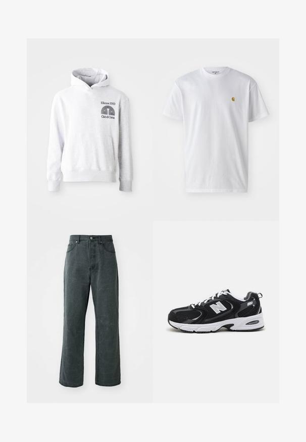 Grijze capuchonsweatshirt met een voorzak in kangaroestijl. Voorzien van zwarte geborduurde tekst en logo "Ellesse 1959 Club di Corsa" op de borst.; Witte katoenen t-shirt met korte mouwen en ronde hals, voorzien van een klein gouden logo op de linkerkant van de borst. Zachte textuur en een normale pasvorm.; Wijdvallende donkergrijze spijkerbroek van denim, met een hoge taille, vijf-pocket ontwerp en een subtiele versleten textuur.; Zwarte en grijze sport schoenen met een bovenwerk van mesh en suede, voorzien van een witte tussenzool, veters en een gedurfde "N"-logo aan de zijkant.