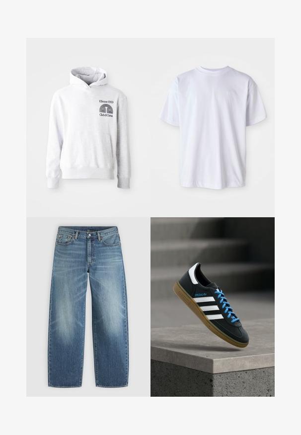 Grijze capuchonsweatshirt met een voorzak in kangaroestijl. Voorzien van zwarte geborduurde tekst en logo "Ellesse 1959 Club di Corsa" op de borst.; Witte katoenen t-shirt met een ronde hals en korte mouwen. Heeft een subtiele logo geborduurd in bijpassende kleur op de linkerborst.; Blauwe spijkerbroek met rechte pijp, knoop en rits aan de voorkant, en vijfzakkenmodel.; Zwarte Adidas-sneaker met witte strepen, blauwe veters en een gumzool die boven een grijze betonnen trede zweeft in zacht licht.