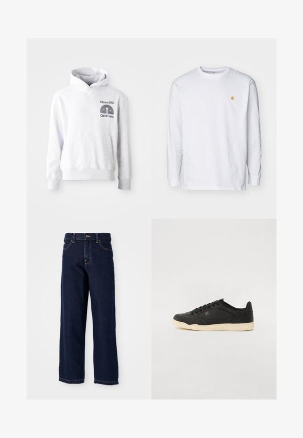 Grauer Kapuzenpullover mit einer Kangaroo-Tasche auf der Vorderseite. Auf der Brust befindet sich schwarzer, bestickter Text und das Logo "Ellesse 1959 Club di Corsa".; Weißes Langarm-T-Shirt aus Baumwolle. Mit kleinem goldenem Logo auf der Brust und Rundhalsausschnitt. Einfaches Design und normale Passform.; Dunkelblaue Jeans mit weitem Bein aus Denim, gerader Schnitt, Fünf-Taschen-Design und Abschlussnähten entlang des Saums.; Schwarze Leder-Sneaker mit niedrigem Schnitt und einer cremefarbenen Gummisohle, ausgestattet mit einer strukturierten Oberfläche und schwarzen Schnürsenkeln. Logo-Akzent in der Nähe der Zunge.