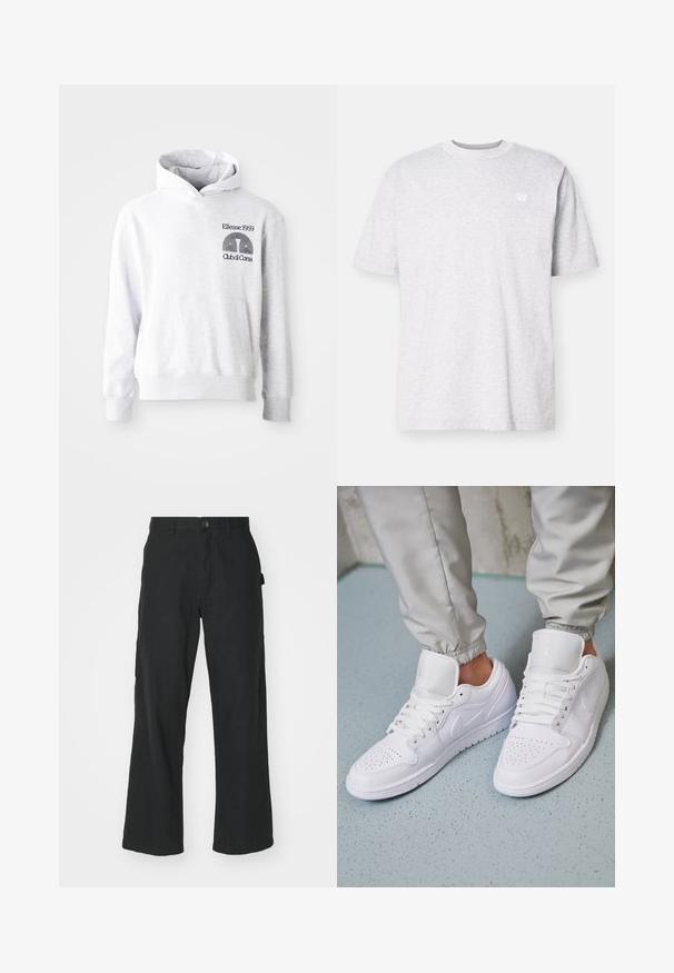 Grijze capuchonsweatshirt met een voorzak in kangaroestijl. Voorzien van zwarte geborduurde tekst en logo "Ellesse 1959 Club di Corsa" op de borst.; Lichtgrijs katoenen T-shirt met korte mouwen, ronde halslijn en een klein wit logo op de linkerborst. Zachte textuur, casual pasvorm.; Zwarte wijde broek van lichtgewicht stof, met een knoopsluiting, voorzakken en een soepele textuur.; Witte leren sneakers met een geperforeerde neus, platte veters, een gepolsterde kraag en het Jordan-logo op de tong. Gediend met grijze joggers.