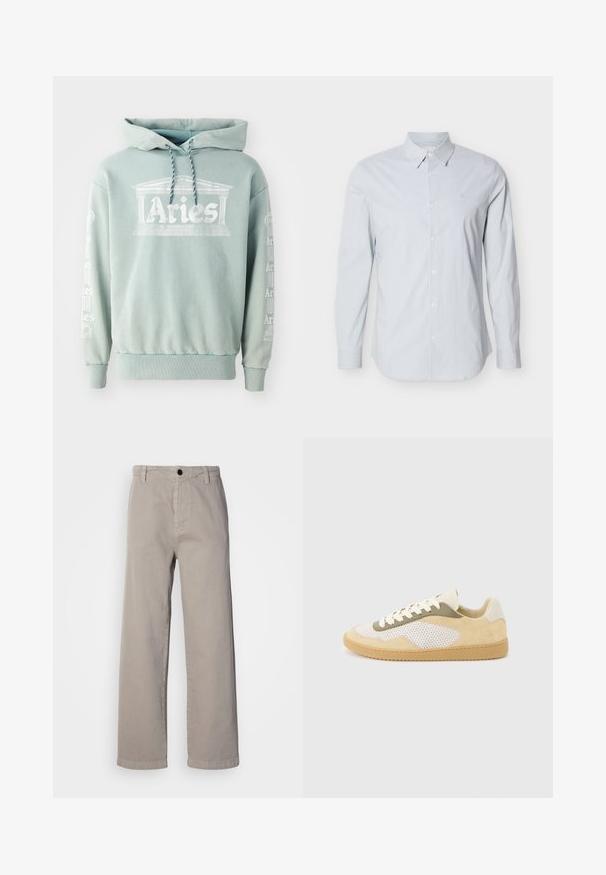 Hoodie vert menthe en coton, doté d'une impression frontale "Bélier" avec des détails architecturaux, et de texte en blanc le long des manches.; Chemise à manches longues avec rayures bleu clair, fabriquée en coton. Elle présente un col classique, une patte de boutonnage et des poignets réglables. Logo discret sur la poitrine.; Pantalons larges beiges en coton doux, dotés d'une fermeture à bouton et de passants de ceinture. Texture lisse avec un design épuré et minimal.; Baskets basses en daim beige, panneaux en maille blanche, accents olive, lacets blancs et semelle en caoutchouc naturel sur fond gris clair.