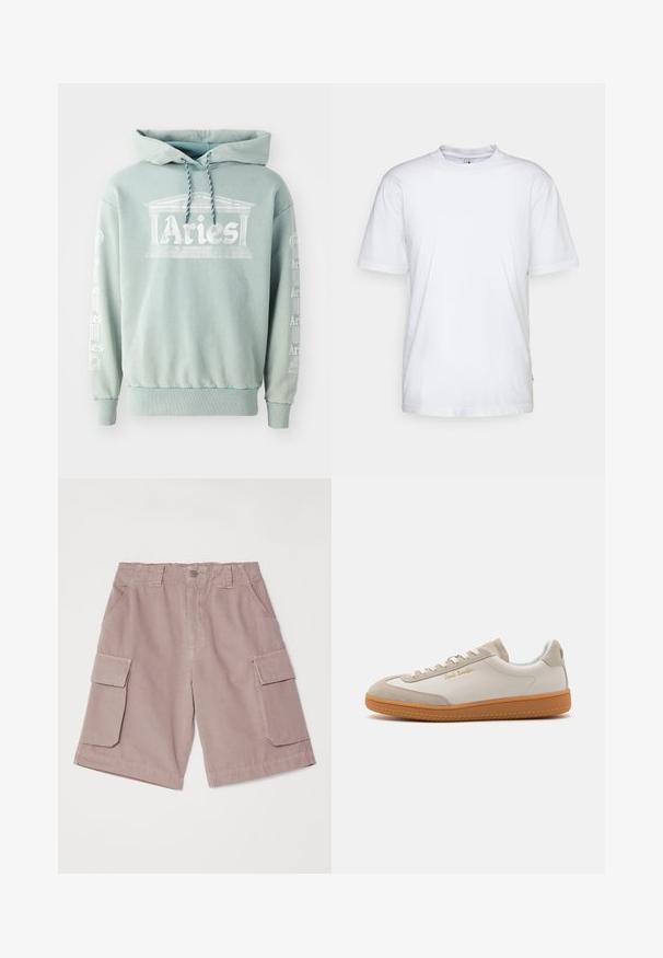 Mintgroene hoodie van katoen, met een voorprint van "Aries" met architectonische details, en tekst langs de mouwen in het wit.; Witte katoenen t-shirt met een ronde hals, korte mouwen en een rechte zoom. Heeft een klein merktag aan de linkerkant van de zijnaad.; Cargo shorts in licht mauve, gemaakt van katoen. Voorzien van twee grote zijzakken, riemlussen en een knoopsluiting, met een rechte snit.; Witte en beige lage sneakers met een gumrubberen zool, witte veters, suède details en een gouden "Paul Smith" logo aan de zijkant.