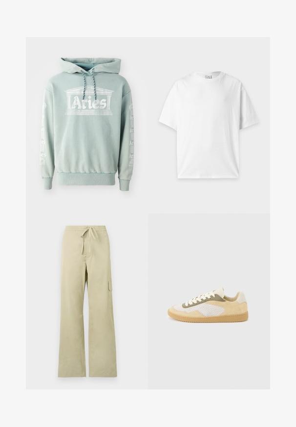 Hoodie vert menthe en coton, doté d'une impression frontale "Bélier" avec des détails architecturaux, et de texte en blanc le long des manches.; T-shirt blanc uni à manches courtes et col rond, posé à plat sur un fond gris clair.; Pantalons cargo larges beige clair avec une taille élastique et un cordon de serrage, comportant des poches latérales et une poche cargo unique.; Baskets basses en daim beige, panneaux en maille blanche, accents olive, lacets blancs et semelle en caoutchouc naturel sur fond gris clair.